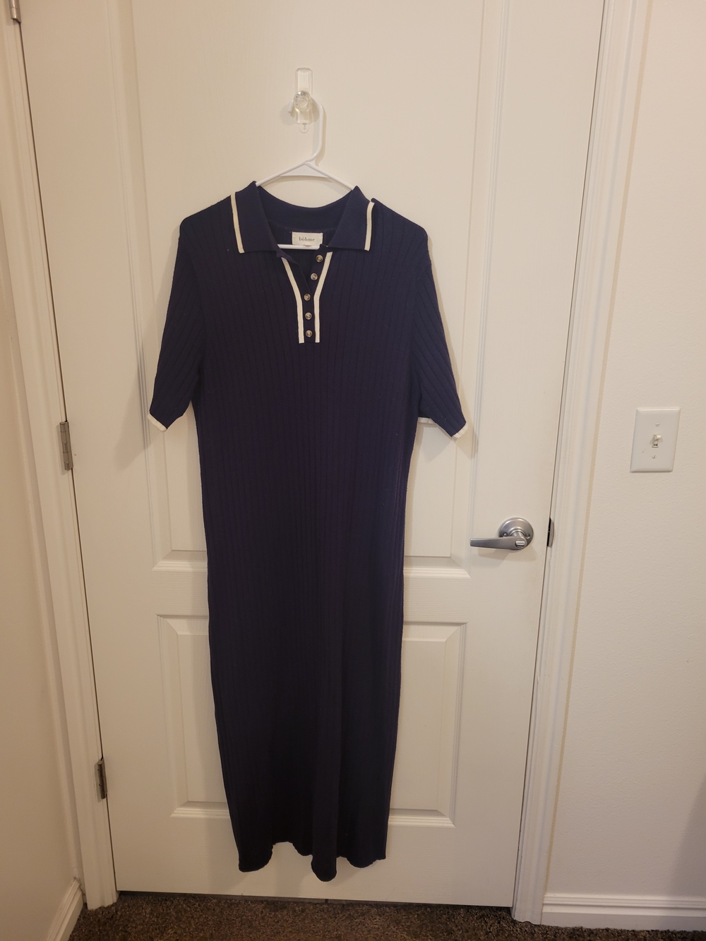 Navy Ribbed Polo Midi Dress with Contrast Trim